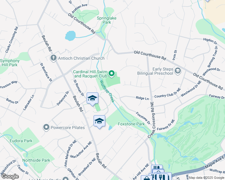 map of restaurants, bars, coffee shops, grocery stores, and more near 1830 Foxstone Drive in Vienna