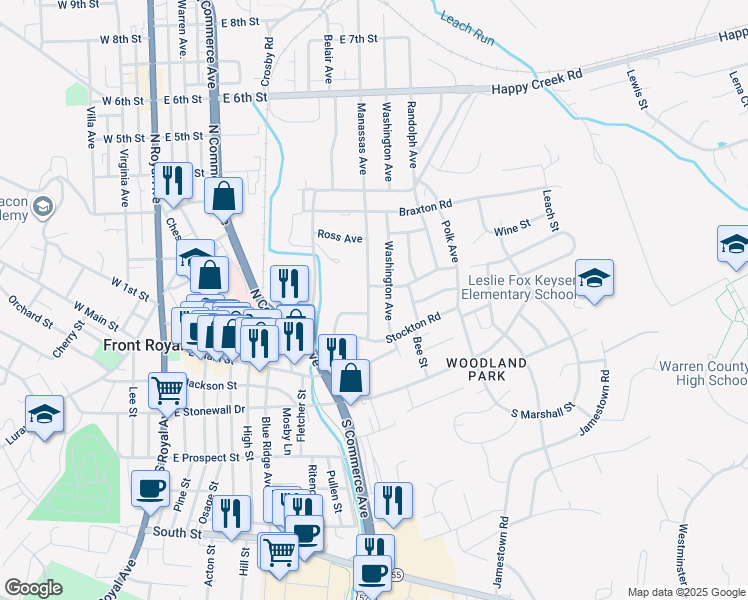 map of restaurants, bars, coffee shops, grocery stores, and more near 125 Manassas Avenue in Front Royal