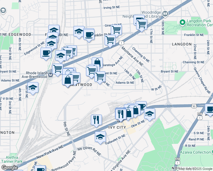map of restaurants, bars, coffee shops, grocery stores, and more near 2220 13th Street Northeast in Washington