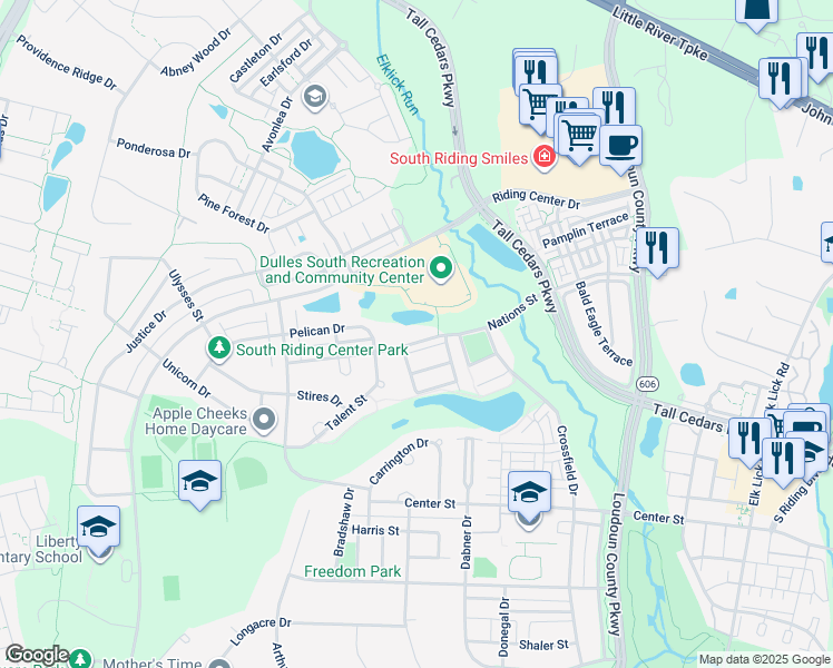 map of restaurants, bars, coffee shops, grocery stores, and more near 42658 Nations Street in South Riding