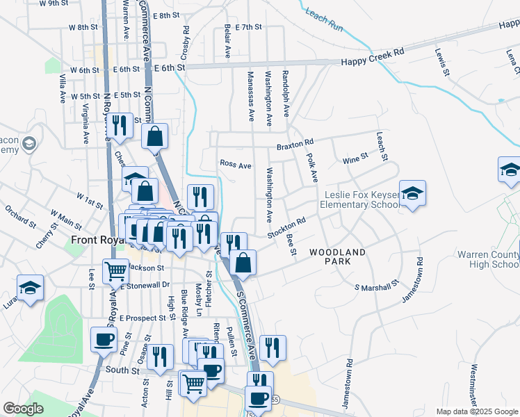 map of restaurants, bars, coffee shops, grocery stores, and more near 125 Manassas Avenue in Front Royal
