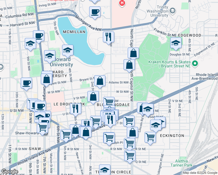map of restaurants, bars, coffee shops, grocery stores, and more near 101 Independence Avenue Southeast in Washington
