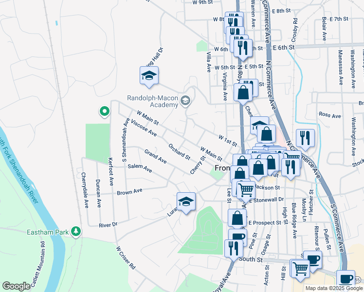 map of restaurants, bars, coffee shops, grocery stores, and more near 252 Orchard Street in Front Royal