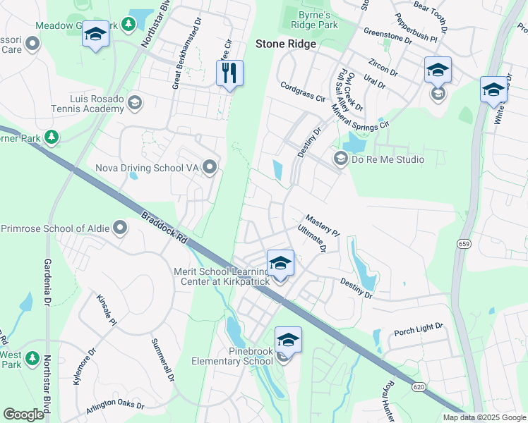 map of restaurants, bars, coffee shops, grocery stores, and more near 25237 Destination Square in Aldie