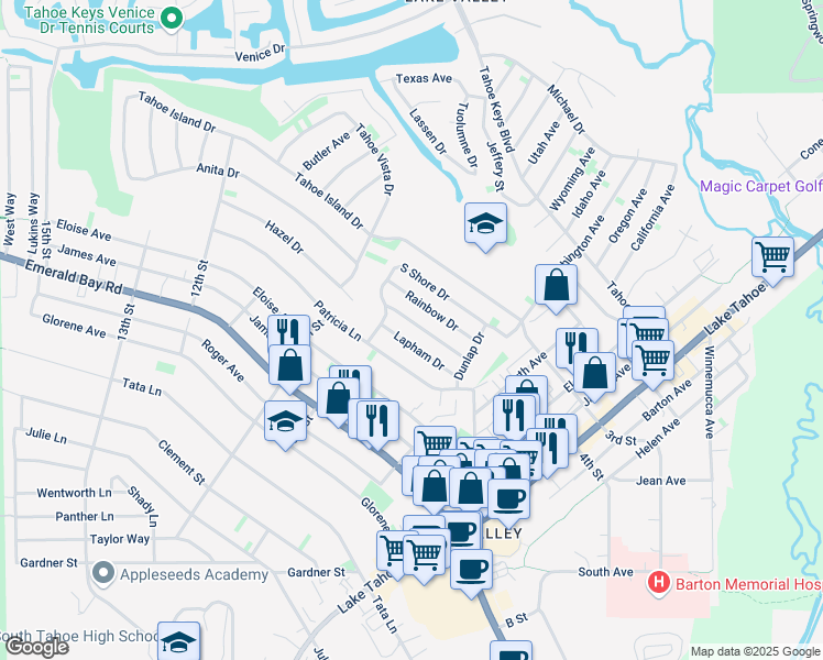 map of restaurants, bars, coffee shops, grocery stores, and more near 884 Secret Harbor Drive in South Lake Tahoe