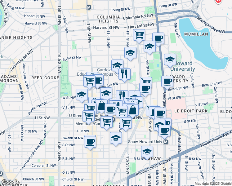 map of restaurants, bars, coffee shops, grocery stores, and more near 2215 12th Place Northwest in Washington