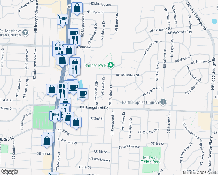 map of restaurants, bars, coffee shops, grocery stores, and more near 402 Northeast Noeleen Lane in Lee's Summit