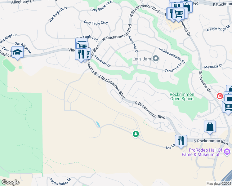 map of restaurants, bars, coffee shops, grocery stores, and more near 555 South Rockrimmon Boulevard in Colorado Springs