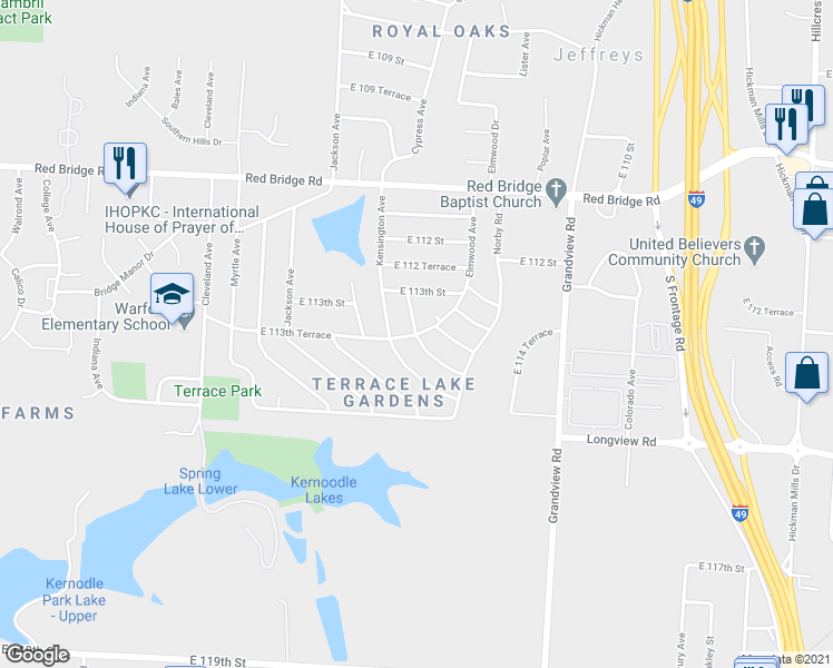 map of restaurants, bars, coffee shops, grocery stores, and more near Elmwood Ave & E 114th St in Kansas City
