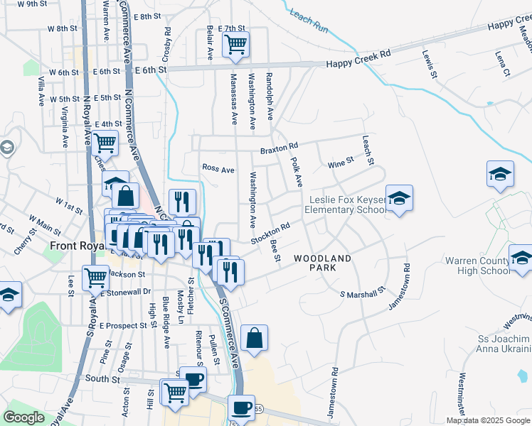 map of restaurants, bars, coffee shops, grocery stores, and more near 126 Clymer Avenue in Front Royal