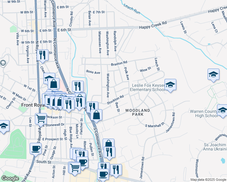 map of restaurants, bars, coffee shops, grocery stores, and more near 126 Clymer Avenue in Front Royal