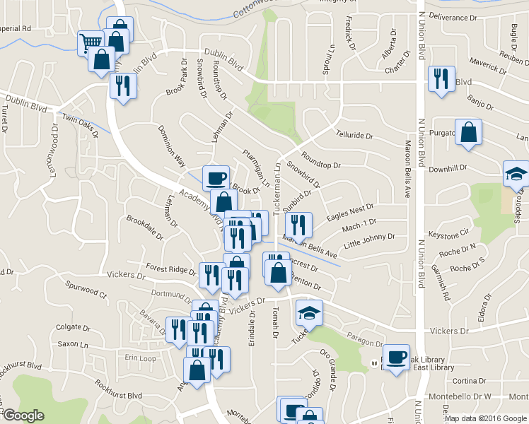 map of restaurants, bars, coffee shops, grocery stores, and more near 6035 Tuckerman Lane in Colorado Springs
