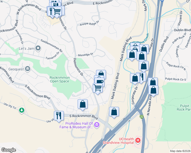 map of restaurants, bars, coffee shops, grocery stores, and more near 6031 Colony Circle in Colorado Springs