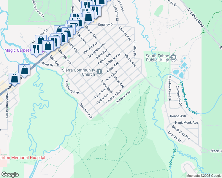 map of restaurants, bars, coffee shops, grocery stores, and more near 1251 Sierra Boulevard in South Lake Tahoe
