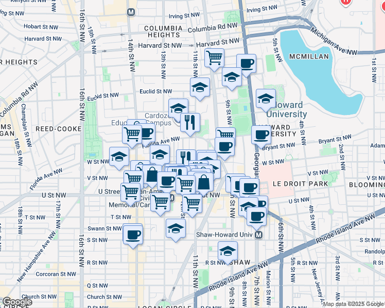 map of restaurants, bars, coffee shops, grocery stores, and more near 2216 11th Street Northwest in Washington