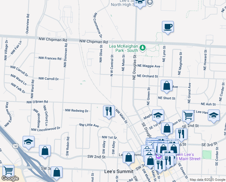 map of restaurants, bars, coffee shops, grocery stores, and more near 301 North West Central Street in Lee's Summit