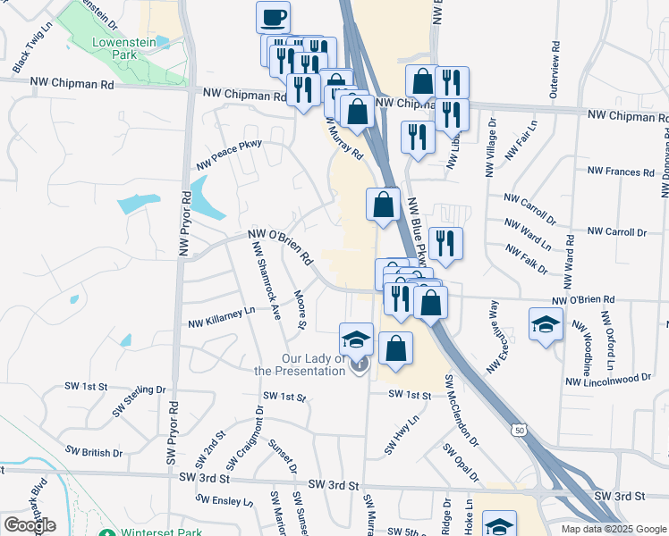 map of restaurants, bars, coffee shops, grocery stores, and more near 1702 Northwest O'Brien Road in Lee's Summit