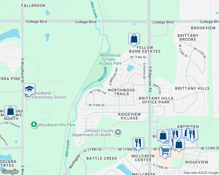 map of restaurants, bars, coffee shops, grocery stores, and more near 18790 West 115th Terrace in Olathe