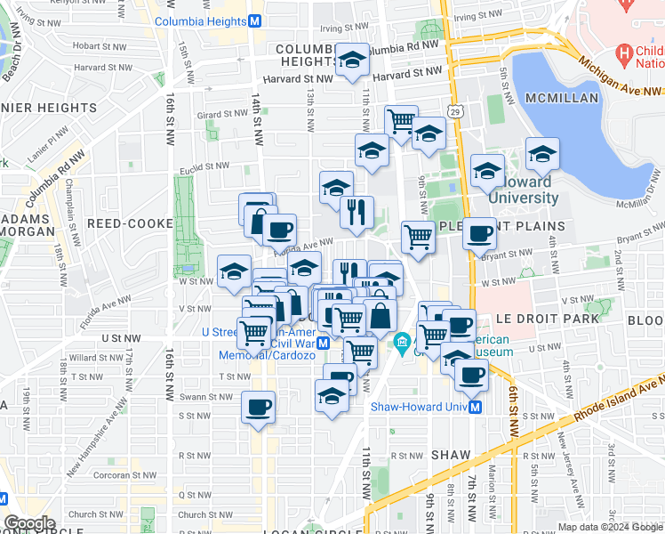 map of restaurants, bars, coffee shops, grocery stores, and more near 2217 12th Place Northwest in Washington