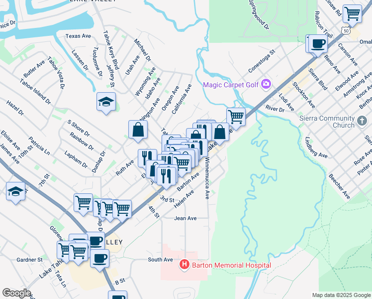 map of restaurants, bars, coffee shops, grocery stores, and more near 2229 Lake Tahoe Boulevard in South Lake Tahoe