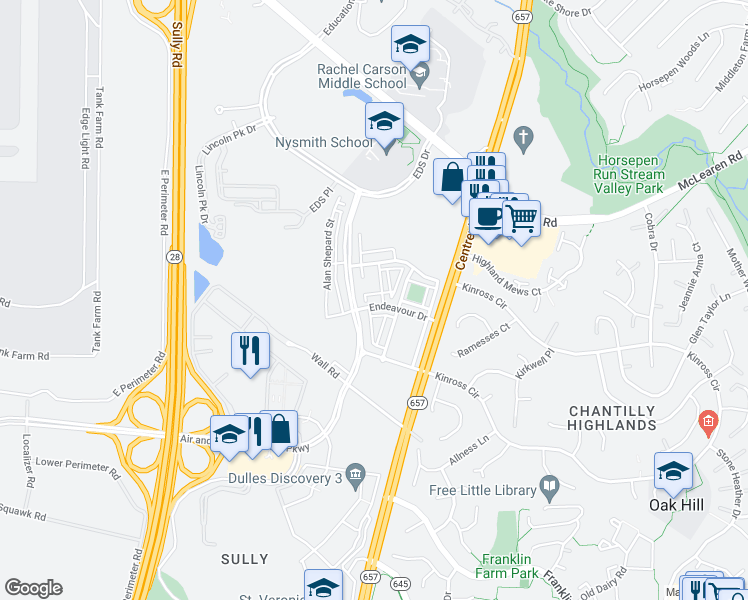 map of restaurants, bars, coffee shops, grocery stores, and more near 13740 Endeavour Drive in Herndon