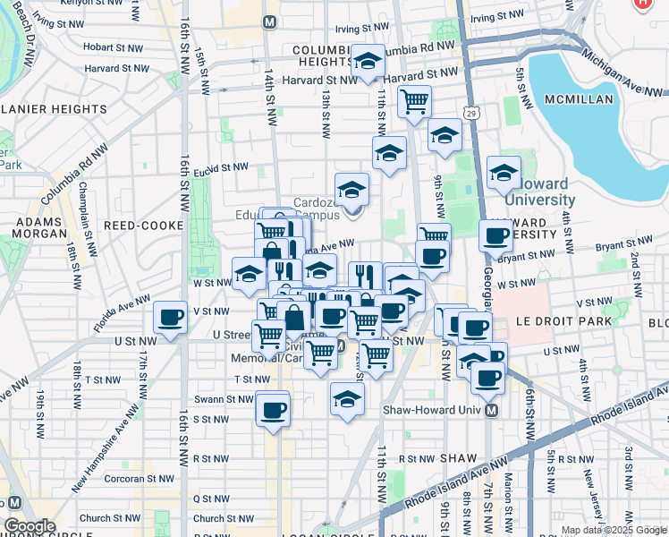 map of restaurants, bars, coffee shops, grocery stores, and more near 2215 13th Street Northwest in Washington