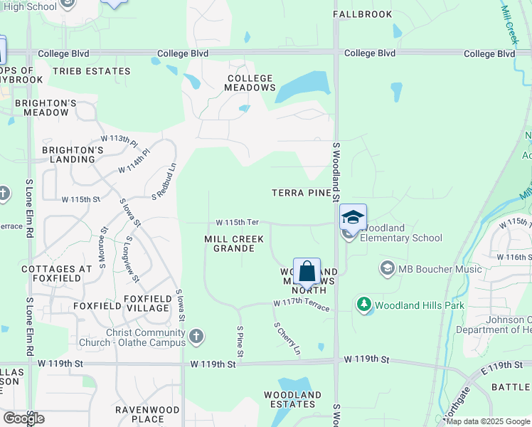 map of restaurants, bars, coffee shops, grocery stores, and more near 11615 South Walnut Street in Olathe