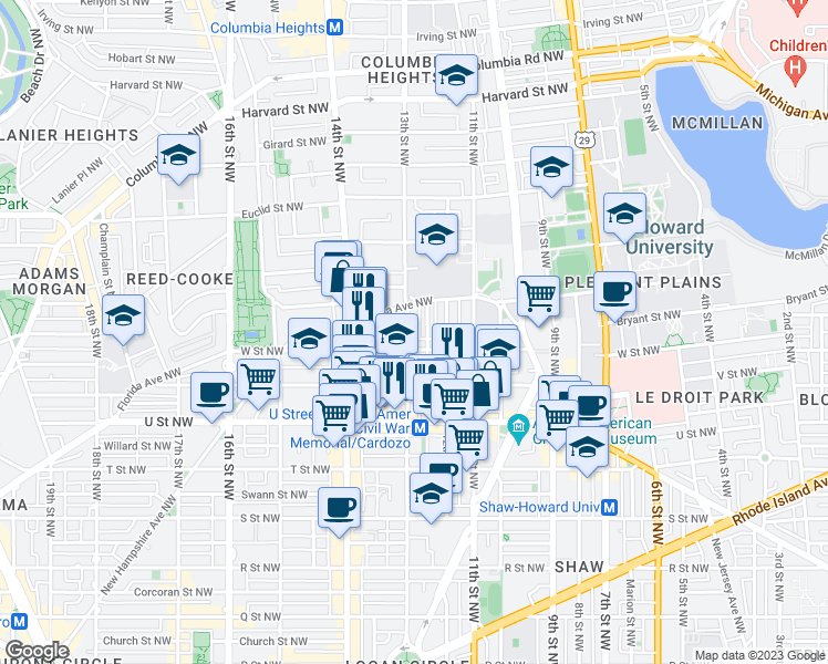 map of restaurants, bars, coffee shops, grocery stores, and more near 2215 13th Street Northwest in Washington