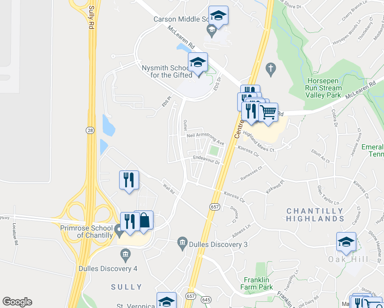 map of restaurants, bars, coffee shops, grocery stores, and more near 13740 Endeavour Drive in Herndon