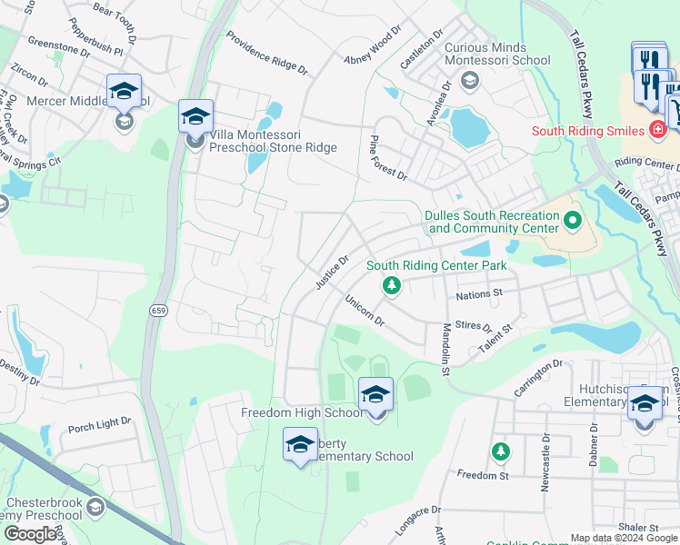 map of restaurants, bars, coffee shops, grocery stores, and more near 25222 Justice Dr in Chantilly