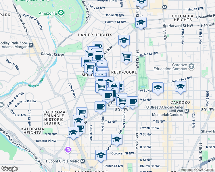 map of restaurants, bars, coffee shops, grocery stores, and more near 1742 1/2 Kalorama Road Northwest in Washington