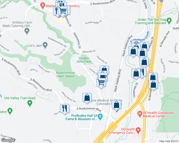 map of restaurants, bars, coffee shops, grocery stores, and more near 110 Iveystone Court in Colorado Springs