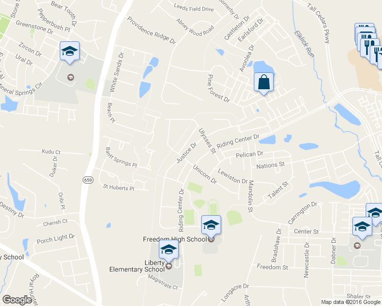 map of restaurants, bars, coffee shops, grocery stores, and more near 25222 Justice Dr in Chantilly