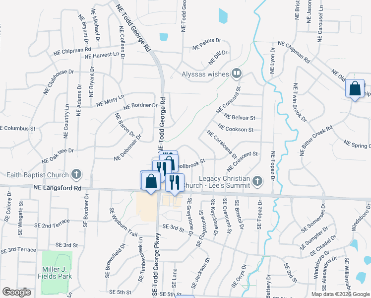 map of restaurants, bars, coffee shops, grocery stores, and more near 1848 Northeast Knollbrook Place in Lee's Summit