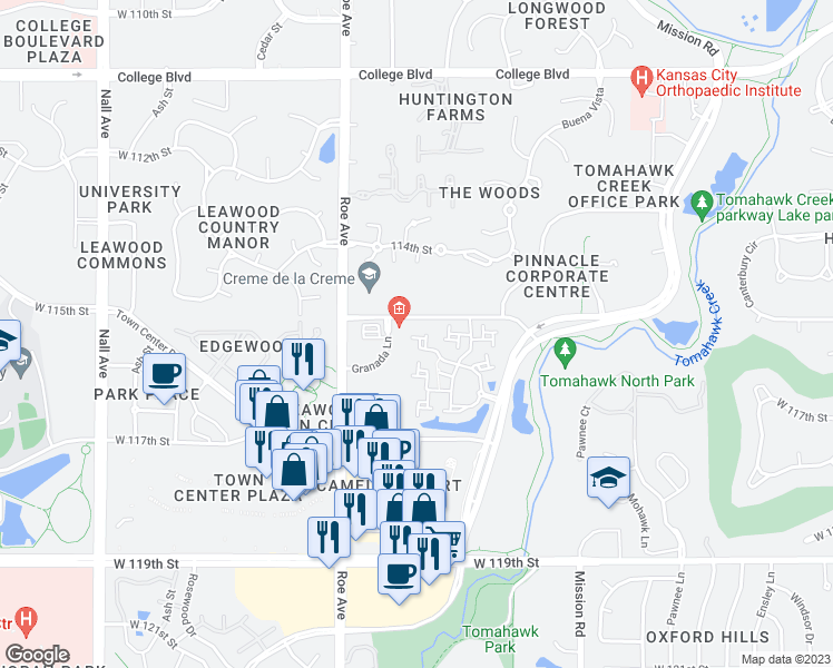map of restaurants, bars, coffee shops, grocery stores, and more near 11616 Tomahawk Creek Parkway in Leawood