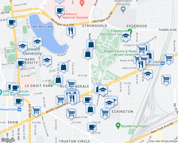 map of restaurants, bars, coffee shops, grocery stores, and more near 2216 North Capitol St NW in Washington