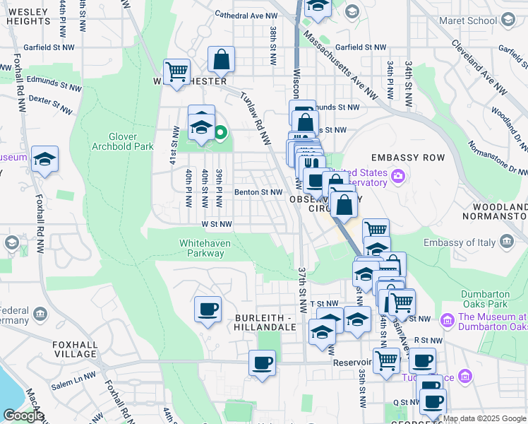map of restaurants, bars, coffee shops, grocery stores, and more near 2316 Huidekoper Place Northwest in Washington