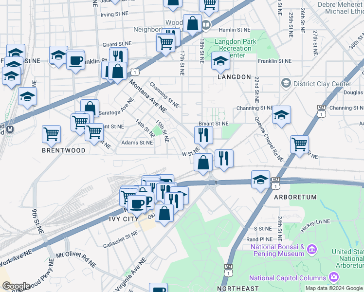 map of restaurants, bars, coffee shops, grocery stores, and more near 2219 16th Street Northeast in Washington
