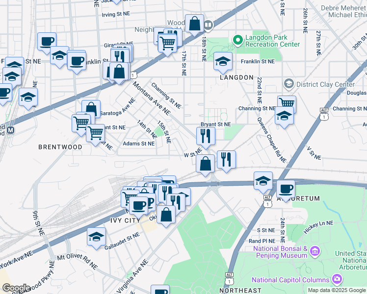 map of restaurants, bars, coffee shops, grocery stores, and more near 2219 16th Street Northeast in Washington