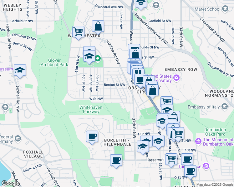 map of restaurants, bars, coffee shops, grocery stores, and more near 2316 Huidekoper Place Northwest in Washington