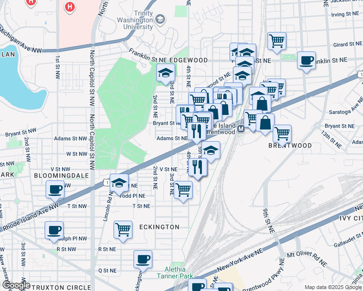 map of restaurants, bars, coffee shops, grocery stores, and more near 318 Rhode Island Avenue Northeast in Washington