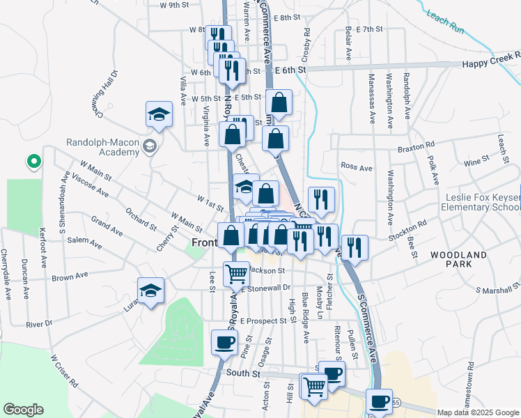 map of restaurants, bars, coffee shops, grocery stores, and more near 123 Chester Street in Front Royal