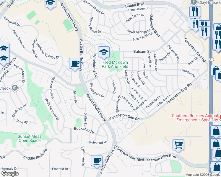 map of restaurants, bars, coffee shops, grocery stores, and more near 6262 Whirlwind Drive in Colorado Springs