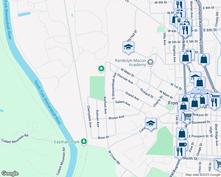 map of restaurants, bars, coffee shops, grocery stores, and more near 123 South Shenandoah Avenue in Front Royal