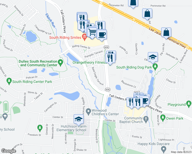 map of restaurants, bars, coffee shops, grocery stores, and more near 25219 Bald Eagle Terrace in Chantilly