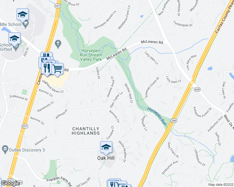 map of restaurants, bars, coffee shops, grocery stores, and more near 13316 Glen Taylor Lane in Herndon