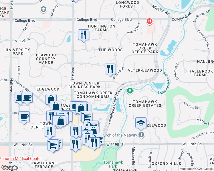 map of restaurants, bars, coffee shops, grocery stores, and more near 11608 Tomahawk Creek Parkway in Leawood