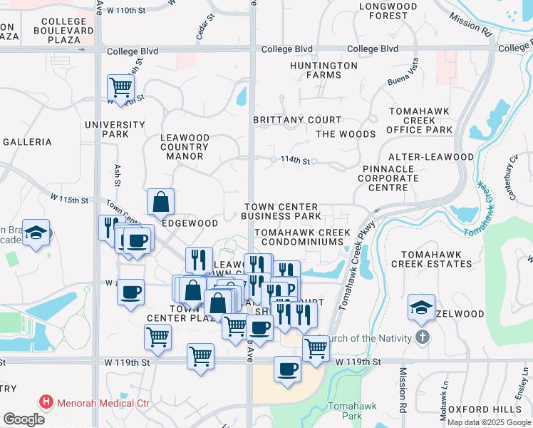 map of restaurants, bars, coffee shops, grocery stores, and more near 11500 Granada Street in Leawood