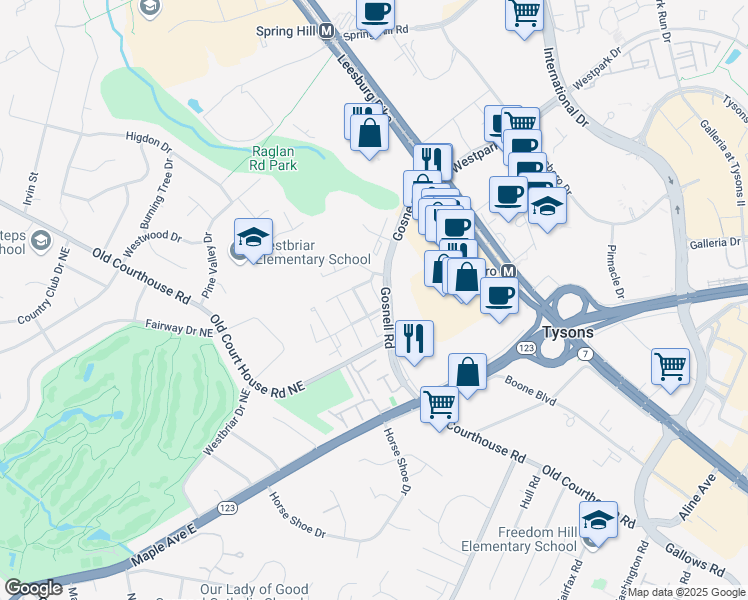 map of restaurants, bars, coffee shops, grocery stores, and more near 1788 Paisley Court in Vienna