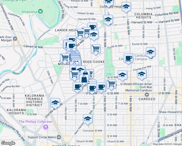 map of restaurants, bars, coffee shops, grocery stores, and more near 2200 17th Street Northwest in Washington